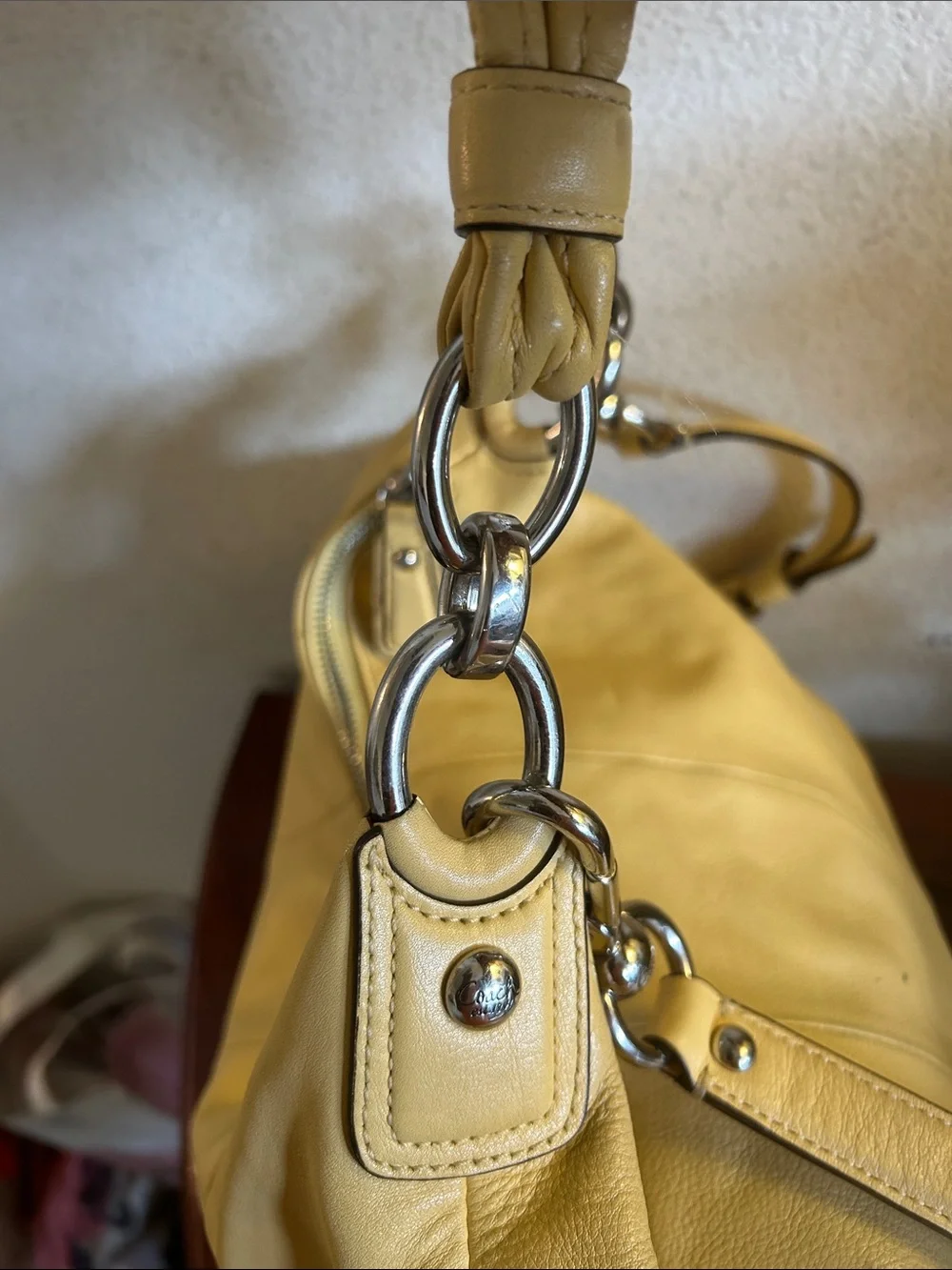 Coach Yellow Leather Hobo Bag with Chain Accented Long Strap